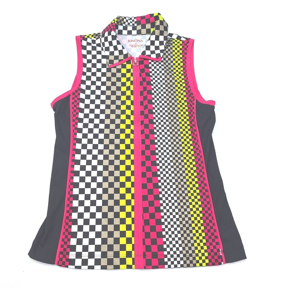 Kinona Golf Top Womens XS‎ Multi-Color Checkered Quarter Zip Sleeveless Athletic